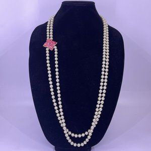 Signed Roland Double Strand Knotted Faux Pearl Necklace Enamel Rhinestone Clasp